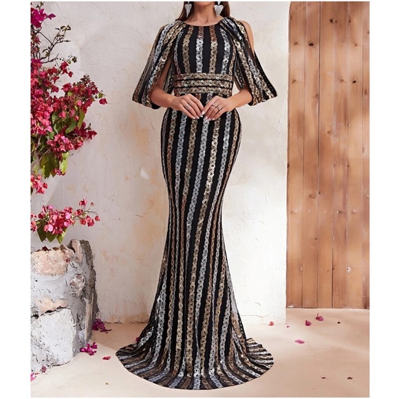 Luxe Cold shoulder sequin Evening Formal Black Tie Wedding Dress - Picture 4 of 9